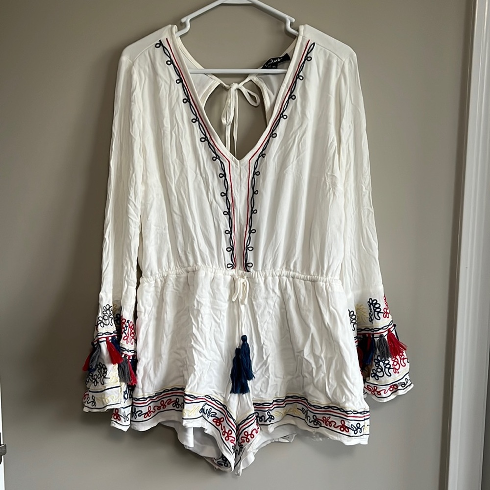 Lulus white bell sleeve romper with pom poms size XL